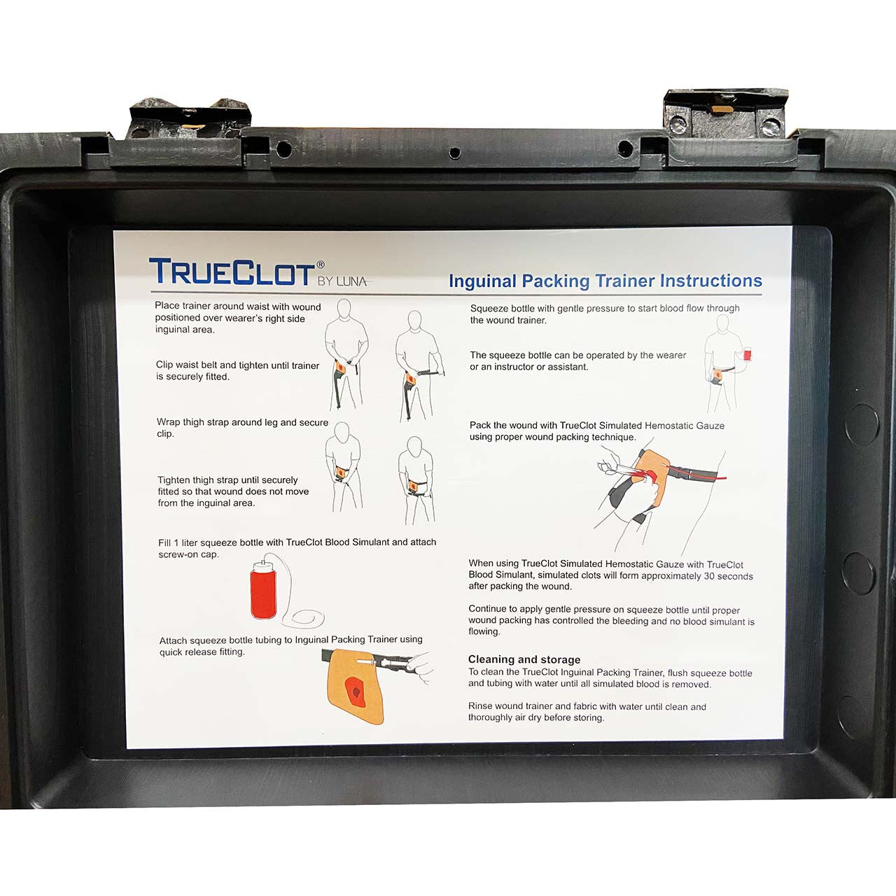 TrueClot Inguinal Trainer, case lid with instructions for use