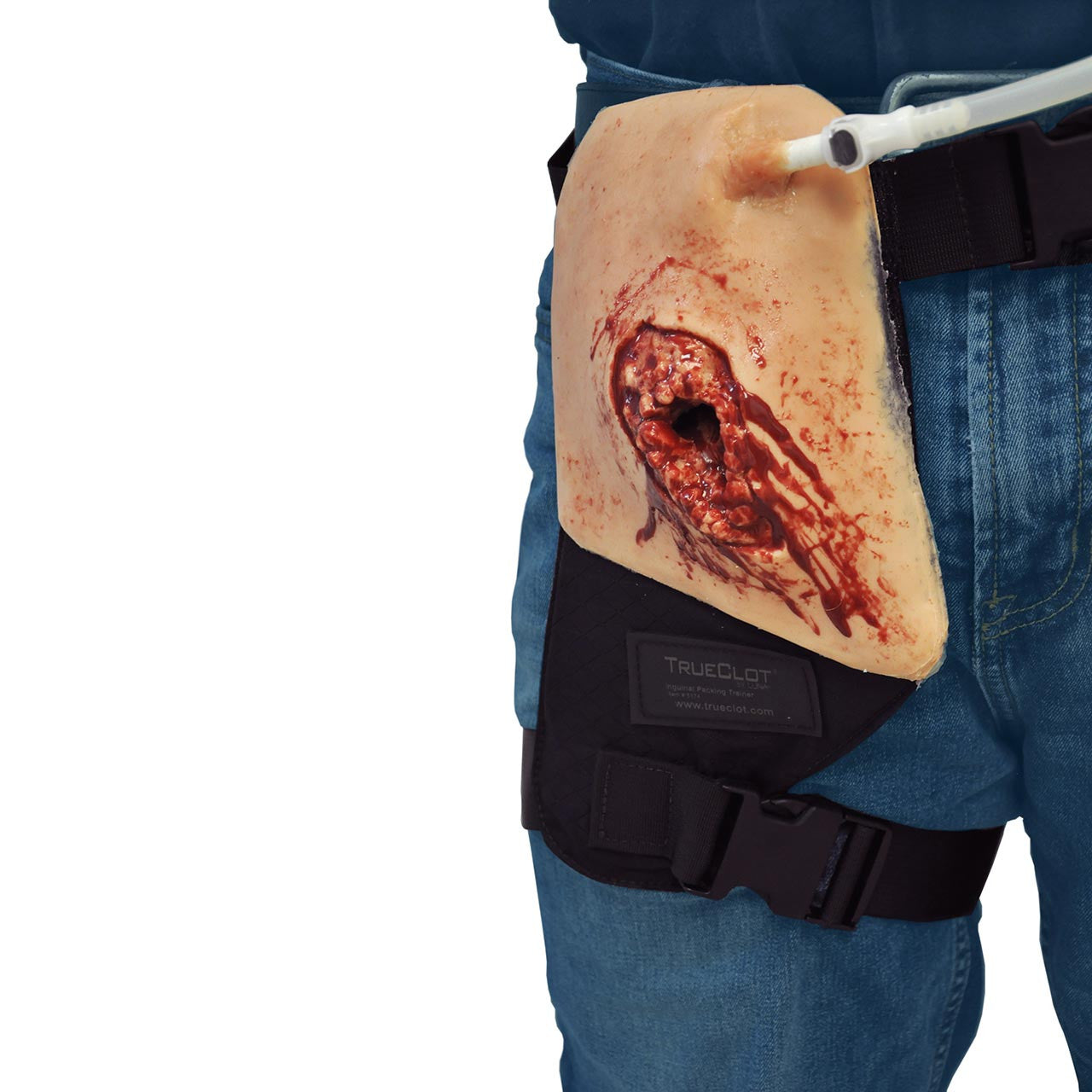 TrueClot Inguinal Trainer, simulated wound on manikin