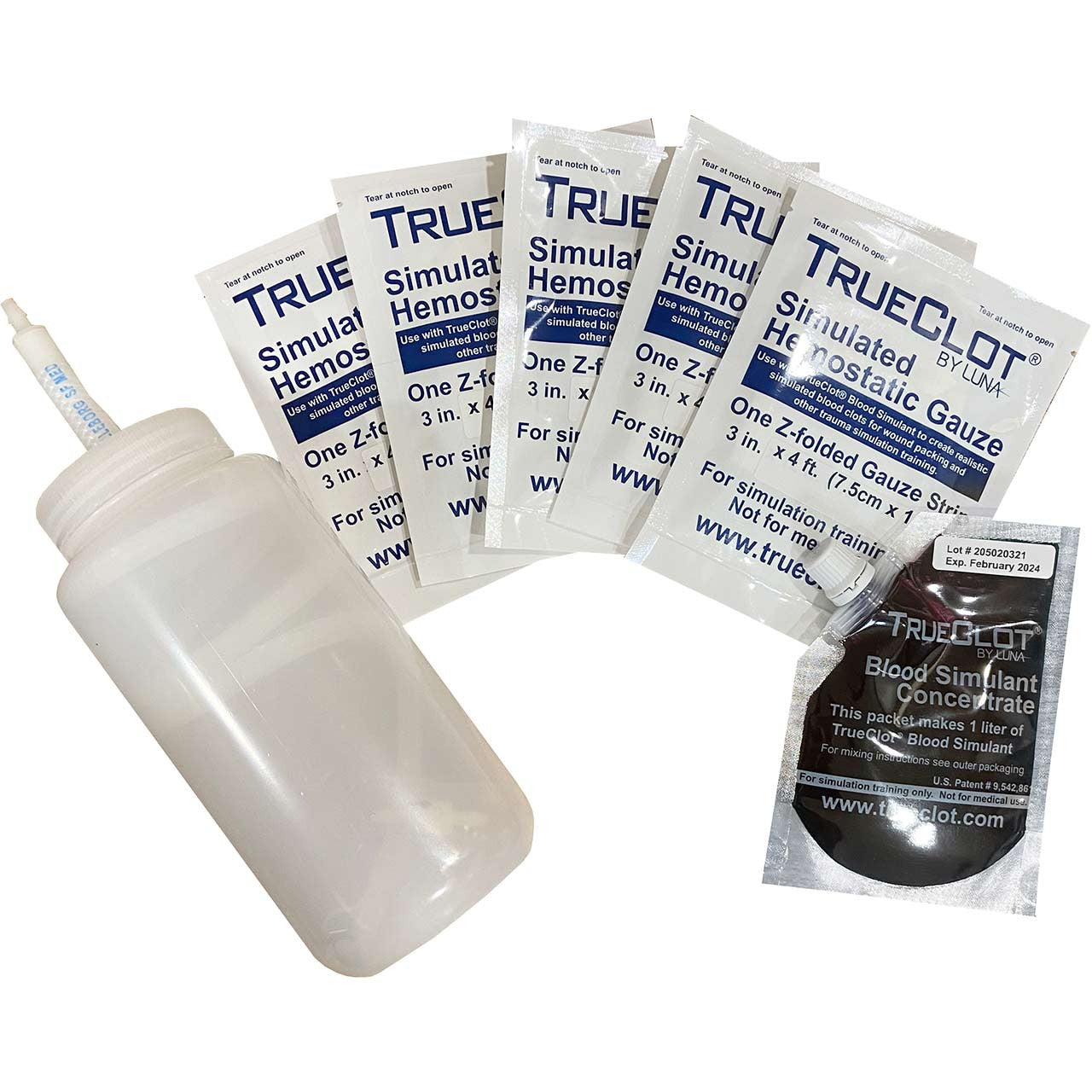TrueClot Inguinal Trainer, simulated blood, gauze, and squeeze bottle, all included