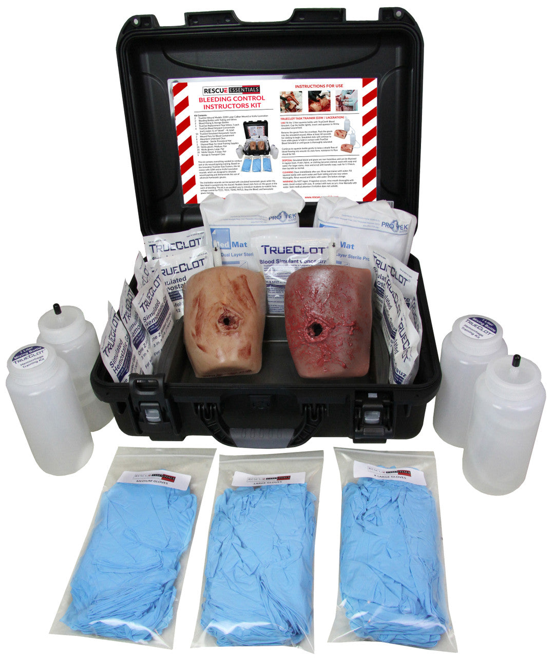 Rescue Essentials Bleeding Control Instructors Kit open, 2 gunshot wounds