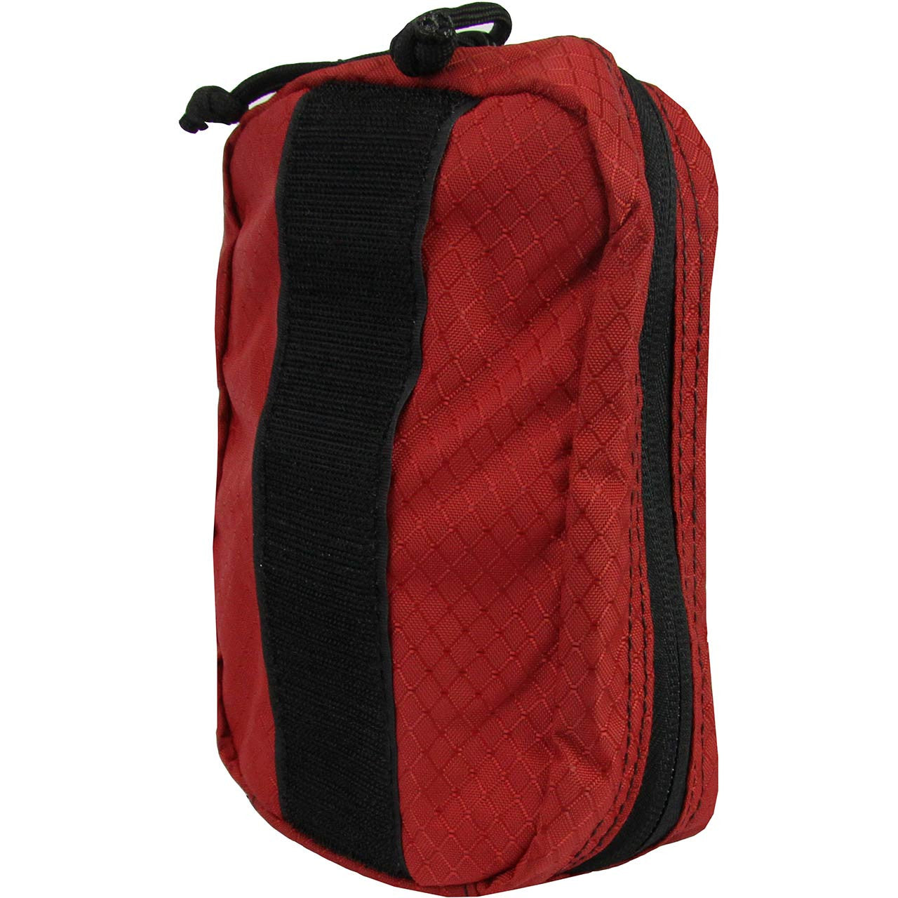 Bleeding Control Station IFAK - Advanced pouch containing Stop the Bleed products, packed in a closed, red, nylon pouch, back, showing Velcro strip