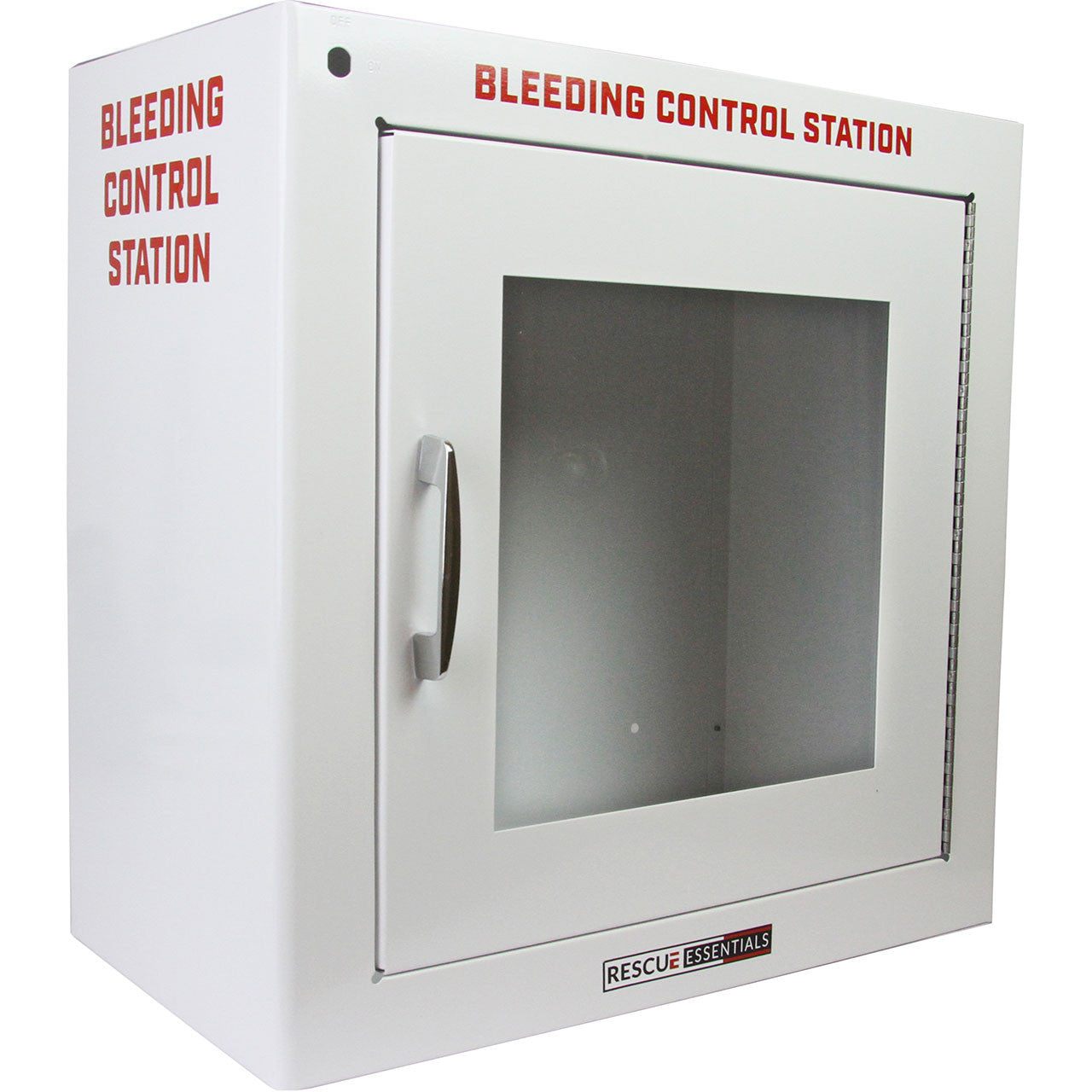 Bleeding Control Station by rescue essentials showing metal box, empty