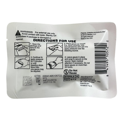 QuikClot® Bleeding Control Dressing, packaged (back)
