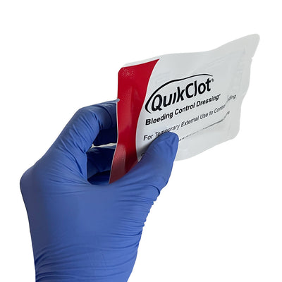 QuikClot® Bleeding Control Dressing, packaged (front side)