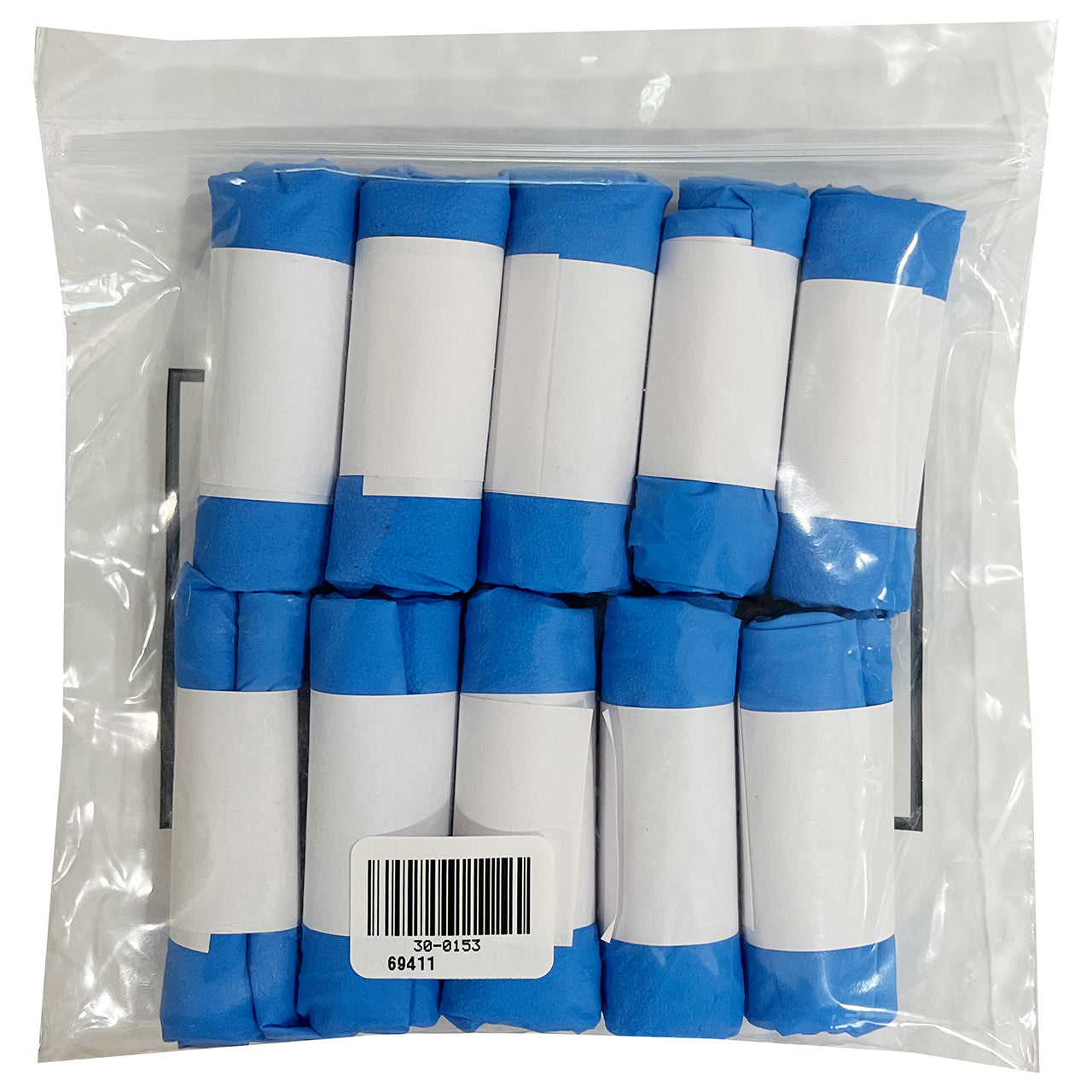 Ten Rolled Pairs Blue Nitrile Gloves, back of packaging 