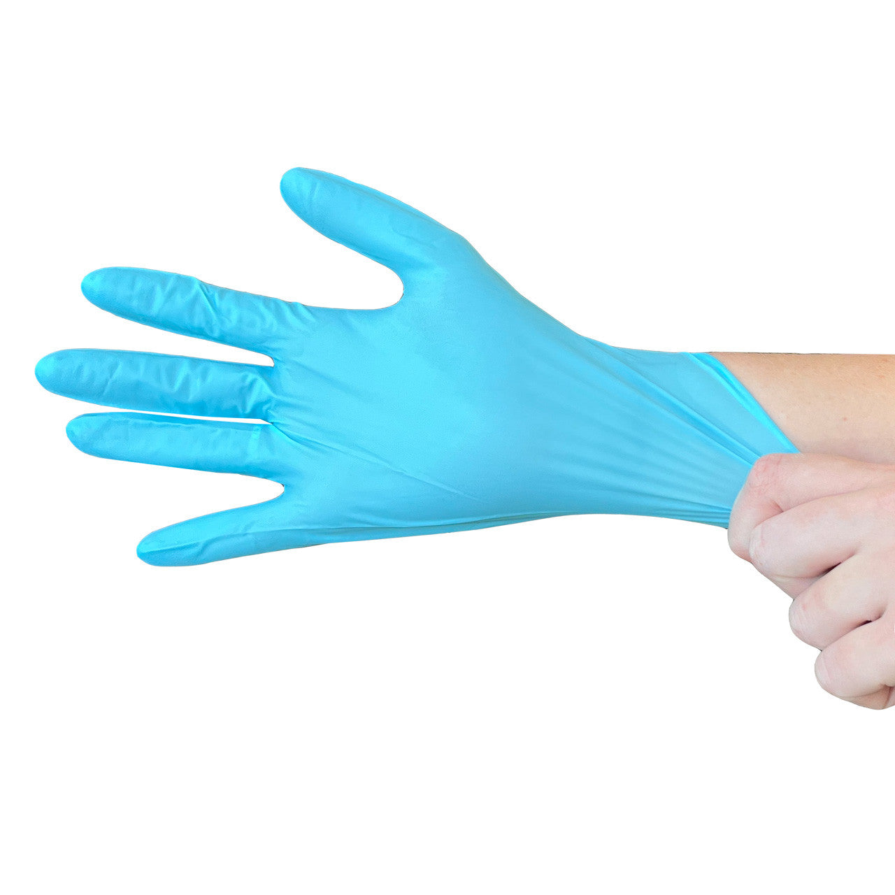 Glove on hand being pulled