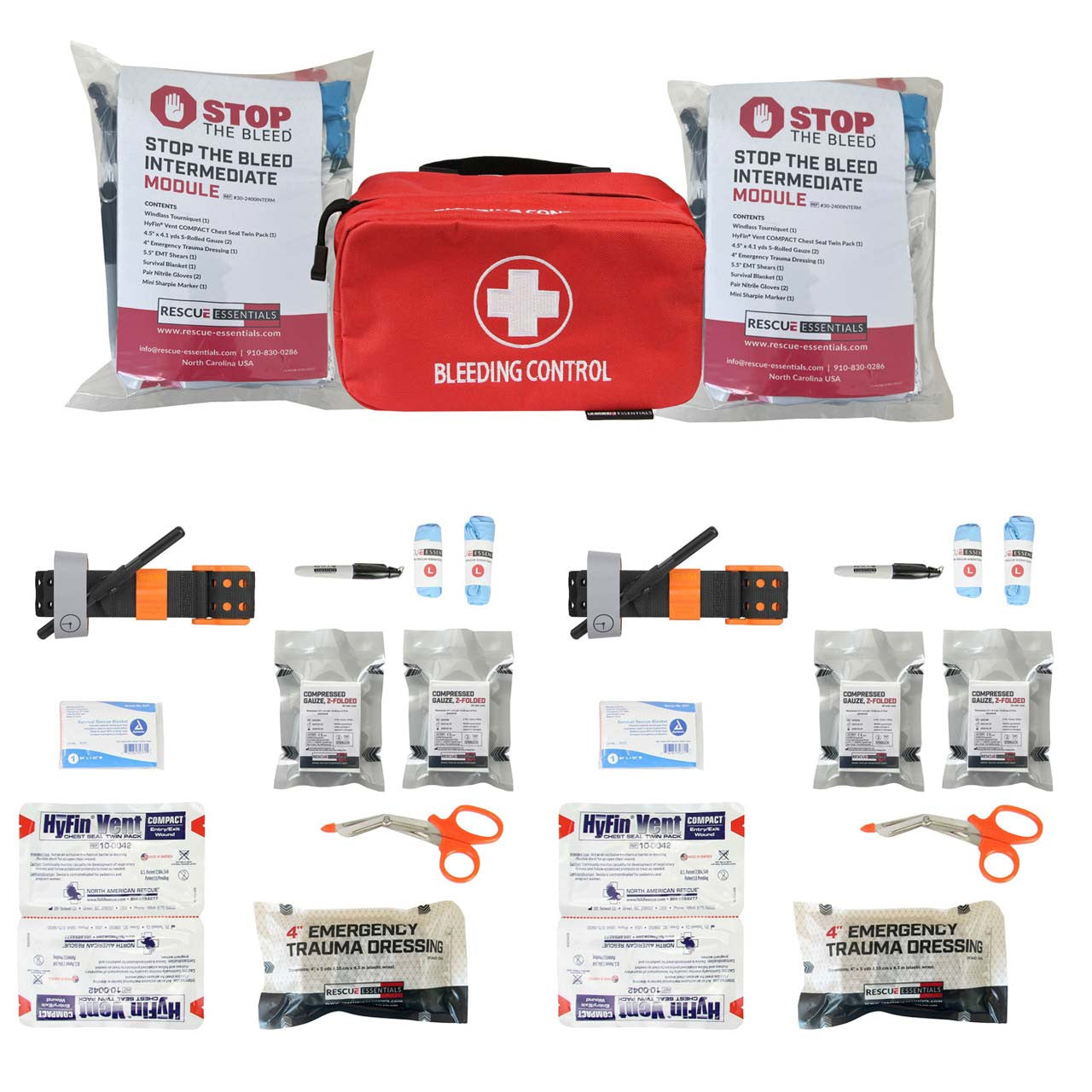 Stop The Bleed - Dual Treatment Intermediate Kit components with SAM XT tourniquet