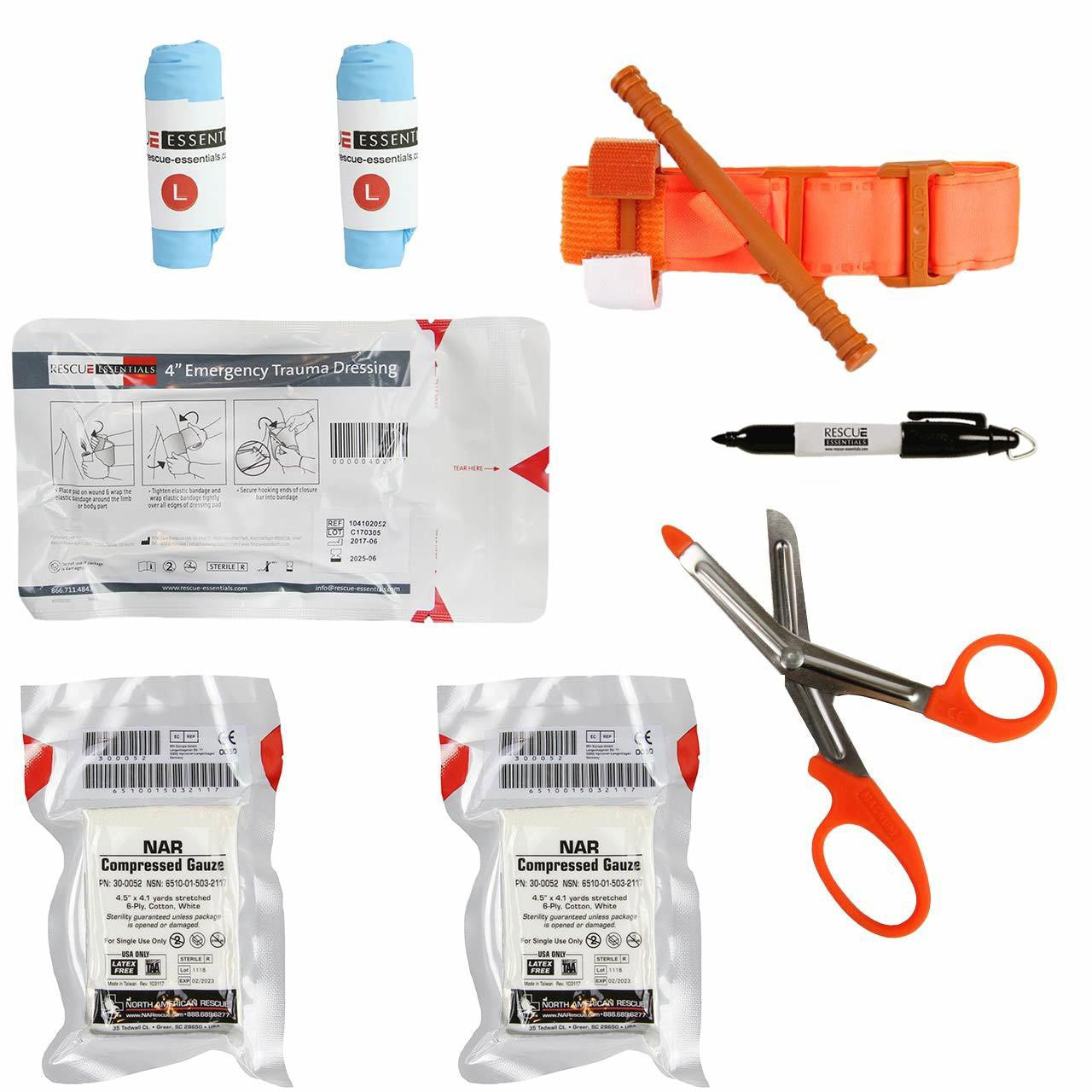 Bleeding Control Station by rescue essentials showing individual IFAK contents