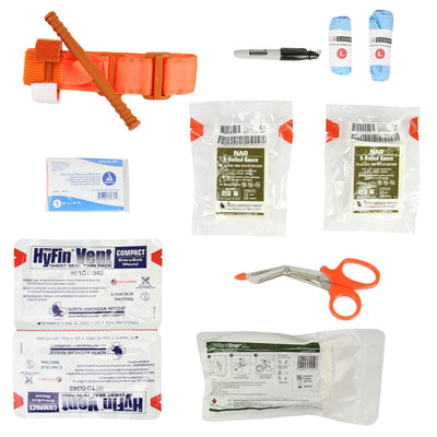 Bleeding Control Station individual IFAK contents laid out flat by rescue essentials
