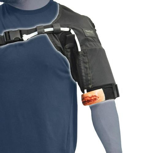 Tourniquet Trainer by TrueClot shown on arm of model